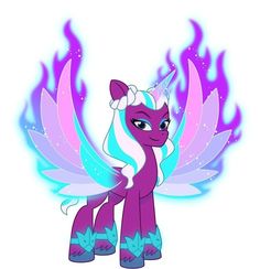 a pinkie pony with blue and purple wings on it's head, standing in front of fire