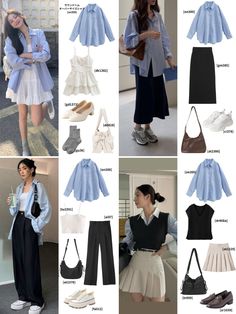 Korean Style Summer Outfits, Sky Blue Blouse Outfit, Outfit Blue White, Blue Dress Shirt Women Outfit, Blue White Shirt Outfit, Semi Formal Work Outfit Women, Summer Museum Outfit Ideas, Outfit Date Ideas, Infp Outfit