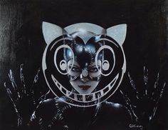 a painting of a woman with black cats on her face