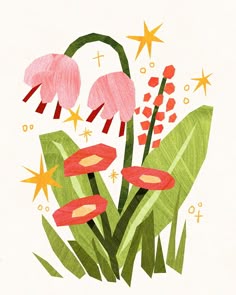 a drawing of pink flowers and green leaves with stars on the top, in front of a white background