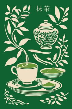 Matcha Tea Wall Art Print - Japanese Tea Ceremony Decor - Green Tea Kitchen Poster - Zen Matcha Time Artwork - Asian Botanical Home Decor Green Tea Art, Green Tea Design, Tea Pattern, Tea Poster Design Ideas, Green Tea Poster Art, Matcha Tea Art, Japanese Tea Art, Tea Poster Vintage, Tea Illustration Design