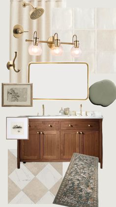 the bathroom is decorated in shades of beige and green