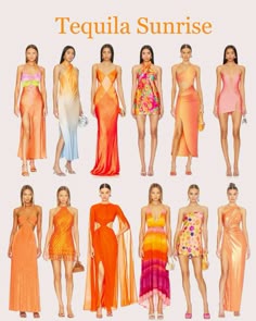 TEQUILA SUNRISE BACH PARTY OUTFITS   ORANGE DRESSES, YELLOW DRESSES, PINK DRESSES Tequila Sunrise Dress Ideas, Tequila Sunset Attire, Sunset Spritz Outfit, Casual Summer Outfits Party, Orange Maxi, Sunset Coloured Dress, Pool Party Outfit For Women, Sunset Disco Outfit, Bachelorette Guest Outfits