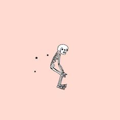 a drawing of a skeleton on a skateboard with stars in the sky behind it