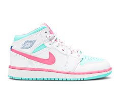 Air Jordan 1 Mid GS 'Digital Pink' - Air Jordan - 555112 102 - white/digital pink/aurora green/soar | Flight Club Pink Preppy Jordans, Preppy Pink Jordans, Pink And Teal Jordan 1, Preppy Jordans Kids, Preppy Air Jordans, Pink High-top Jordan Shoes, Preppy Jordan 1 Mid, Preppy Jordans Goat, Teal And Pink Jordans