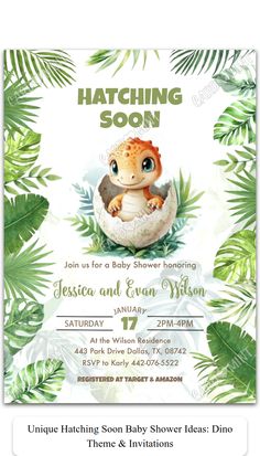 Hatching Soon Baby Shower Theme, Dino Themed Baby Shower Ideas, Land Before Time Baby Shower Ideas, Unique Baby Boy Shower Ideas, Dinosaur Theme Baby Shower Ideas, Baby Dinosaur Baby Shower Ideas, Dinosaur Baby Shower Centerpieces, Hatching Soon Baby Shower Ideas, Dinosaur Baby Shower Cookies