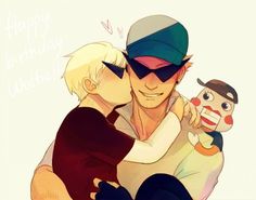 two people hugging each other while one person has a clown on his shoulder and the other is