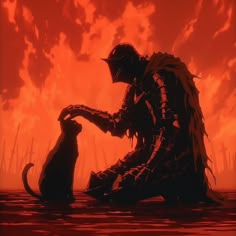 a cat sitting in the water next to a silhouette of a man and his dog