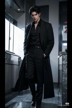 Spy Outfit, Goth Outfits Men, Vampire Clothes, Black Outfit Men, Boss Outfit, Dark Suit, Aesthetic Outfits Men, Black Suit Men, Long Coat Men