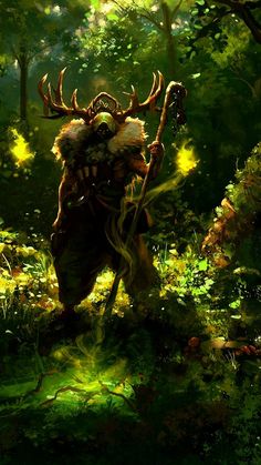 a painting of a man in the woods with an animal on his back, holding a staff
