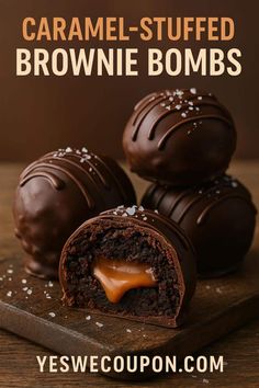 Caramel-Stuffed Brownie Bombs Recipe Caramel Stuffed Brownies, How To Make Caramel Stuffed Brownies, Caramel Brownie Truffles, Stuffed Brownies, Brownie Bomb Bars Recipe, Brownie Bomb Recipe Easy, Brownie Bomb Dessert, Quick Brownie Bomb Treat, Cookie Dough Brownie Bomb