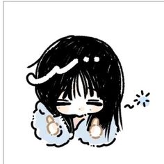 a drawing of a girl with long black hair and brown eyes, holding her head in her hands