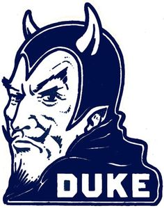 the duke logo is shown in blue and white with an image of a man's head