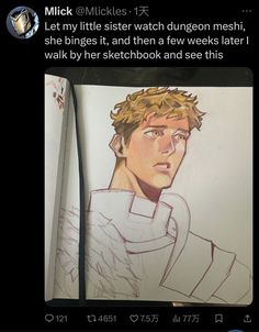 a drawing of a young man with blonde hair and blue eyes is featured in an instagram