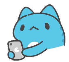 a blue cat holding a remote control in its paws and looking at it's screen
