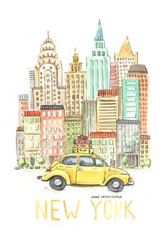 a drawing of a yellow taxi cab in front of a cityscape with the words new york written below it