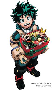 an anime character is holding a box full of toys and other things in his hands