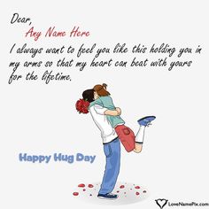 a man and woman hug each other with the words happy hug day written on it