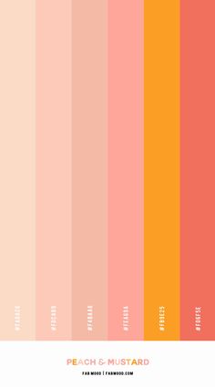 an orange and pink color scheme with the words peach & mustard on each one side