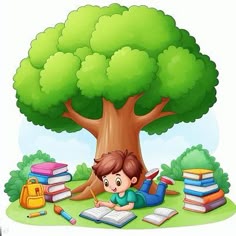 a boy reading under the tree with books