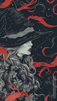 a drawing of a woman with long hair wearing a black hat and flowing red streamers