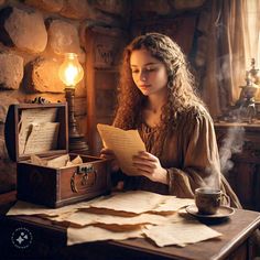 a woman sitting at a table reading a book and holding a cup with steam coming out of it