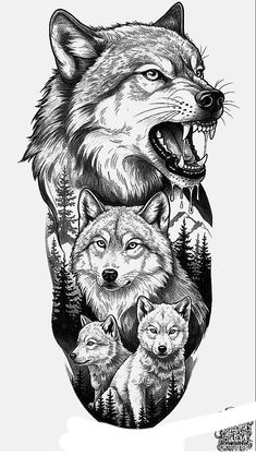 an adult wolf and two cubs are depicted in this black and white tattoo art print