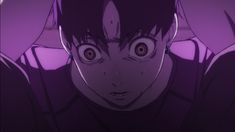 an anime character with big eyes and purple hair looking at the camera while holding his hands behind his head