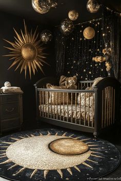 a black and gold baby's room with stars on the ceiling, crib