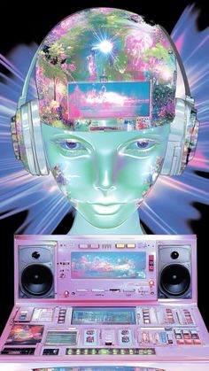 an electronic device with headphones on top of it and music equipment in front of it