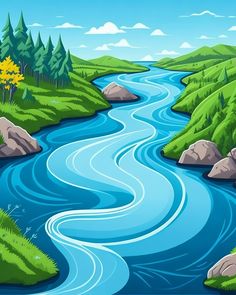 a river flowing through a lush green forest filled with rocks and trees on a sunny day