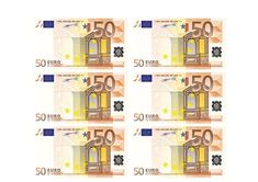 five bills with the number 50 on them are shown in four different positions, each featuring an open door