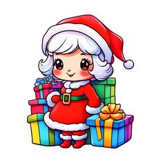 a cartoon santa claus with presents in his hand and wearing a red hat, standing next to a pile of gifts