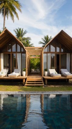 two wooden cabins sitting next to a swimming pool