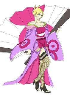 a drawing of a woman dressed in pink and purple holding an umbrella over her shoulder