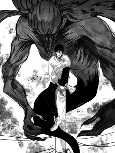 an anime character is holding onto the tail of a demon