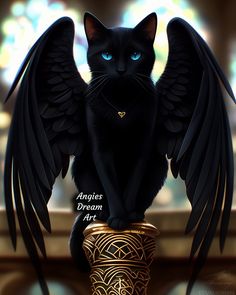a black cat sitting on top of a golden vase with wings around it's neck