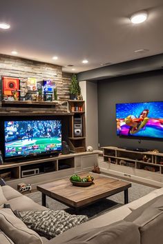 A cozy entertainment room with two large screens, one displaying a sports game and the other showing a video game.