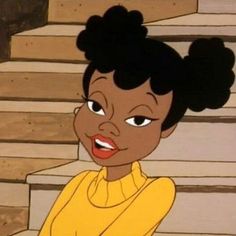 an animated image of a woman with black hair and big eyes, sitting on some steps