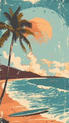 a palm tree sitting on top of a beach next to the ocean with a surfboard under it