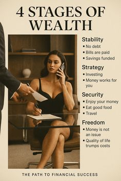 From paying off debt to living in true financial freedom — these are the 4 wealth stages every successful woman must go through. Want to build a life where money works for you, not the other way around? This visual guide shows the exact mindset shifts that take you from survival to legacy. Save this if you’re serious about growing wealth. #MoneyMindset #WealthBuilding #FinancialFreedom #RichGirlEnergy Building Wealth Aesthetic, Rich People Activities, Financial Growth Aesthetic, Wealthy Lifestyle Aesthetic, Books For Financial Success Tips, Wealthy Life, Grow Wealth, Different Levels Of Wealth, Wealth Management Aesthetic