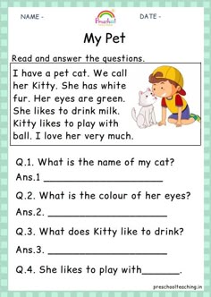 a worksheet for reading the poem my pet