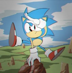 sonic the hedgehog playing with a frisbee in front of a blue sky
