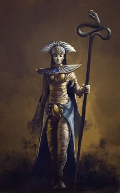 a painting of an egyptian god holding a staff and wearing a horned headdress