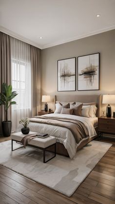 a large bed sitting in a bedroom on top of a hard wood floor next to two lamps