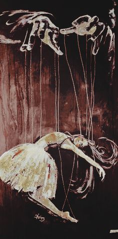 a painting of a ballerina with strings attached to her body and hands in the air