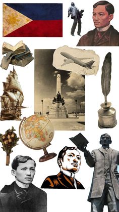 collage of historical images including statue, compass, map, and other items from around the world