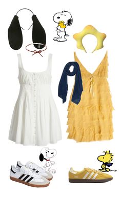 an assortment of clothing and accessories including shoes, headbands, scarves and sandals