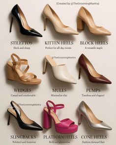 👠 Know your heels before you wear them! ✨️

Here are 9 classic heel styles every fashion-forward girl should recognize - and when to wear them:

✨ Stilettos – For nights that demand confidence.

👗 Kitten Heels – Your go-to for classy comfort.

🧱 Block Heels – Perfect for long walks and everyday wear.

🍃 Wedges – Summer brunch & casual date approved.

🔲 Mules – Slide into minimal elegance.

💼 Pumps – Timeless for work, parties, and everywhere in between.

🎯 Slingbacks – Feminine with a retro t... Elegant Shoes Heels, Fancy Sandals, Pencil Heels, Quick Fashion, Fashion Vocabulary, Shoes Heels Classy, Classy Shoes, Types Of Heels, Shoes Outfit Fashion