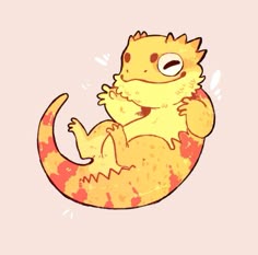 an orange and yellow lizard sitting on top of a pink background
